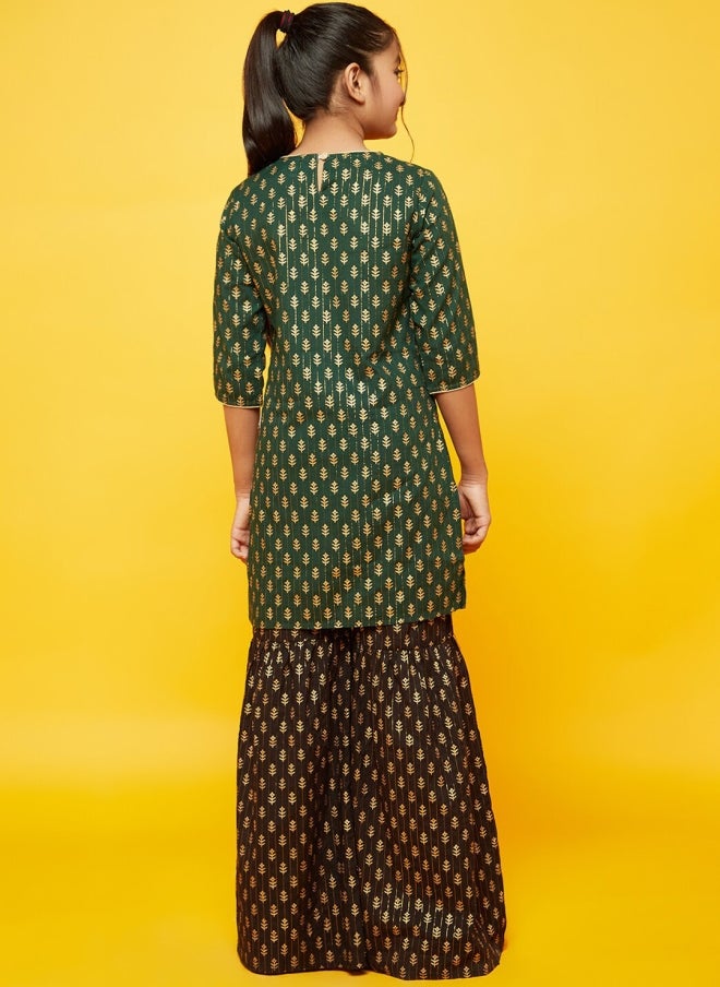 AKS Ethnic Motifs Printed Green Kurta with Sharara for Girls - Image 5