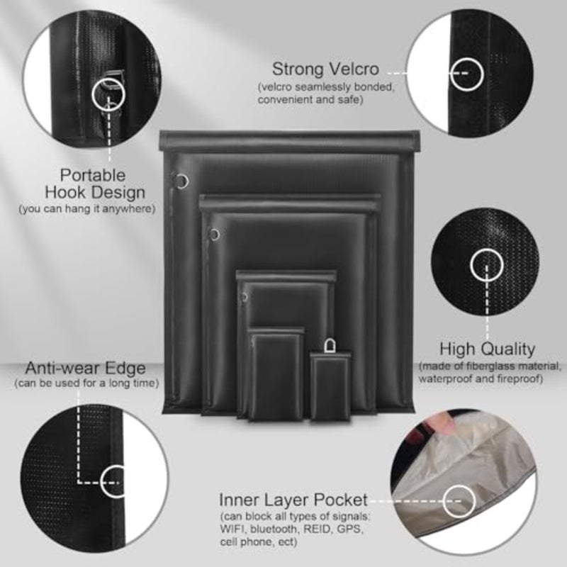 Large Faraday bags 5-pack for laptops tablets phones car keys: aluminum-lined waterproof fireproof black signal-blocking RFID protector pouches with EMP anti-theft shielding - Image 5
