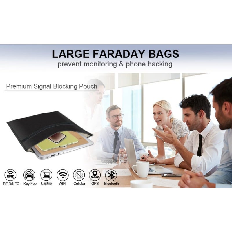 Large Faraday bags 5-pack for laptops tablets phones car keys: aluminum-lined waterproof fireproof black signal-blocking RFID protector pouches with EMP anti-theft shielding - Image 2