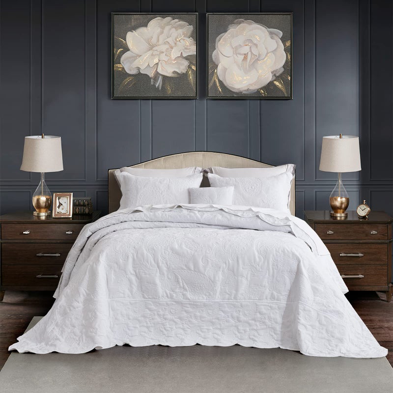 HZ HY Queen Size Bedspread Quilted Coverlet Bedding Set Lightweight Thin Comforter Reversible Luxurious 5 Piece 100 Microfiber Queen White