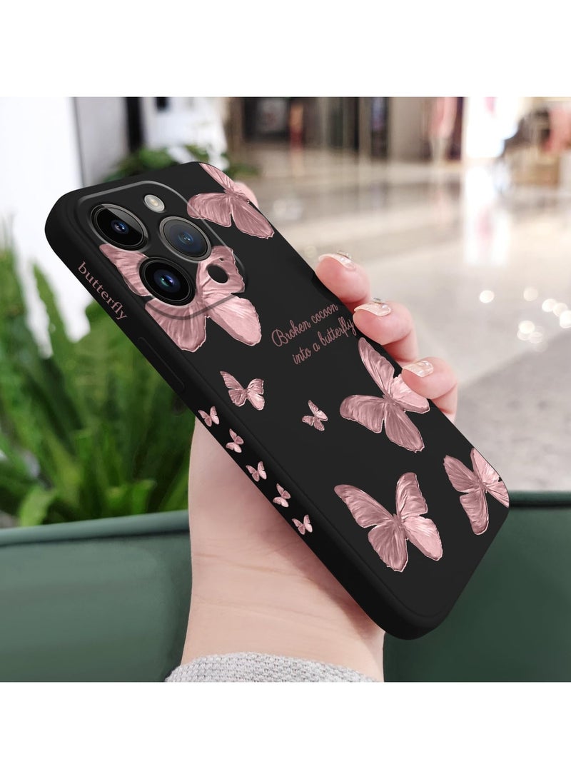 حافظة لهاتف iPhone 14 Pro Max بنمط فراشة فضائية وزهور وبطانة داخلية من الألياف الدقيقة المقاومة للخدوش، تصميم رقيق يحمي الهاتف من البصمات، حافظة سيليكونية ناعمة مناسبة لهاتف 14 Pro Max باللون الأسود. - Image 3