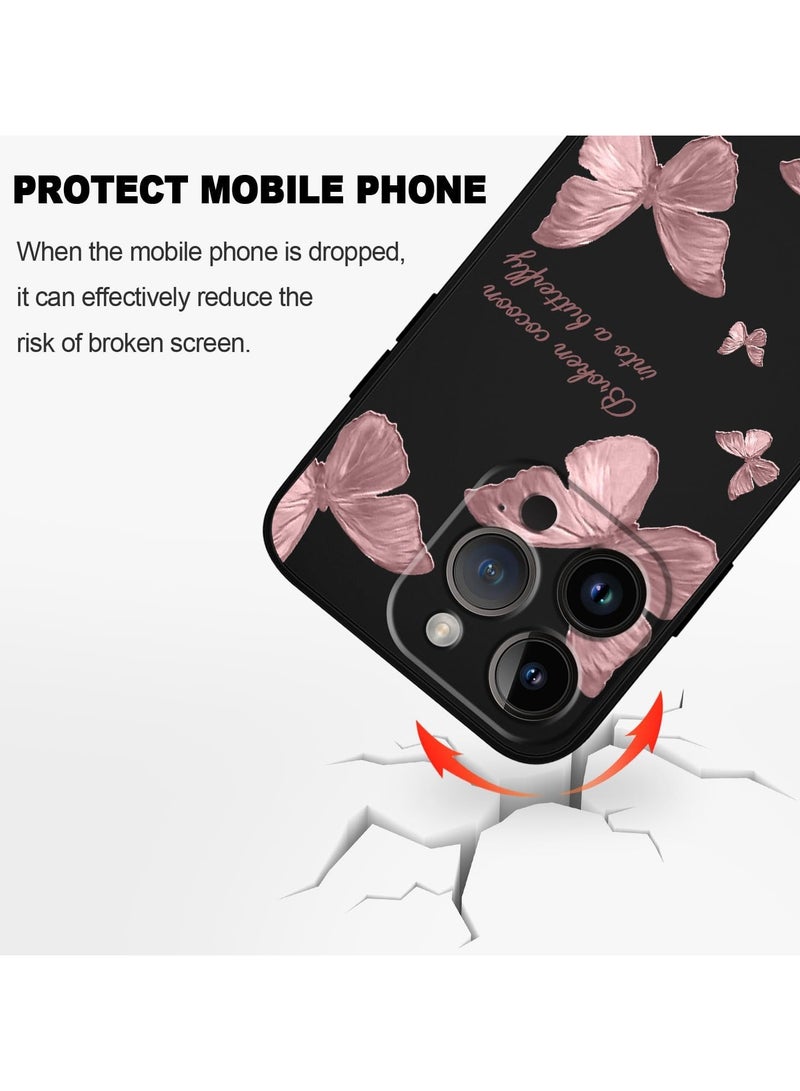 حافظة لهاتف iPhone 14 Pro Max بنمط فراشة فضائية وزهور وبطانة داخلية من الألياف الدقيقة المقاومة للخدوش، تصميم رقيق يحمي الهاتف من البصمات، حافظة سيليكونية ناعمة مناسبة لهاتف 14 Pro Max باللون الأسود. - Image 4