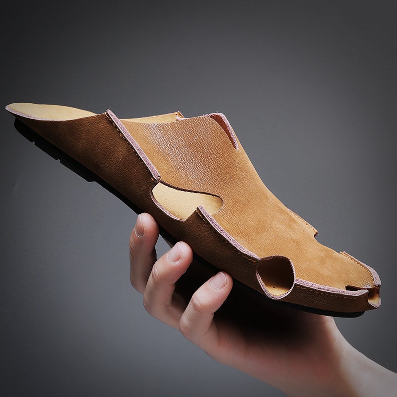 صنادل باوتو نصفية للرجال من الجلد الطبيعي، سهلة الارتداء، صنادل جلدية للرجال 2024 جديدة، صنادل قيادة غير رسمية 9530 بني - Image 1
