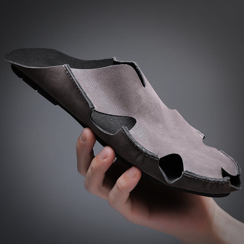 صنادل باوتو نصفية للرجال من الجلد الطبيعي، سهلة الارتداء، صنادل جلدية للرجال 2024 جديدة، صنادل قيادة غير رسمية 9530 بني - Image 2