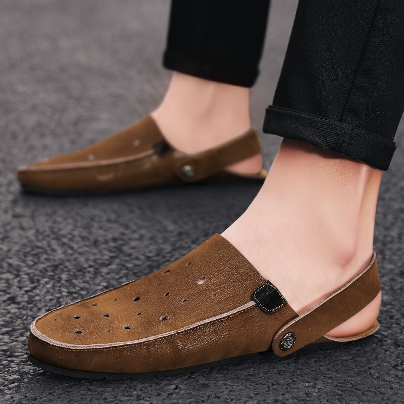 صنادل باوتو نصفية للرجال من الجلد الطبيعي، سهلة الارتداء، صنادل جلدية للرجال 2024 جديدة، صنادل قيادة غير رسمية 9530 بني - Image 5