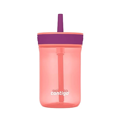 Contigo Kids’ Leighton Straw Tumbler with Spill-Proof Leak-Proof Lid 14oz Coral/Grape - Image 1