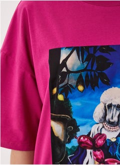 Artograph Women oversize premium cotton pink T-shirt with artist unique painting Poodle  - Image 2