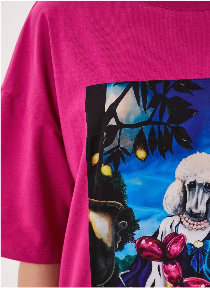Artograph Women oversize premium cotton pink T-shirt with artist unique painting Poodle  - Image 2