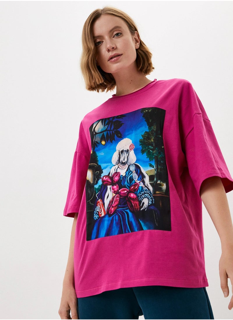 Artograph Women oversize premium cotton pink T-shirt with artist unique painting Poodle  - Image 1