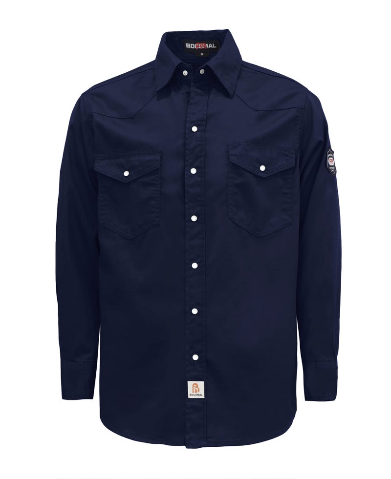 BOCOMAL FR Flame Resistant Shirts Fire Retardant Welding Shirts Snaps Fastener NFPA2112 7.5oz Navy Men's Welder Shirt