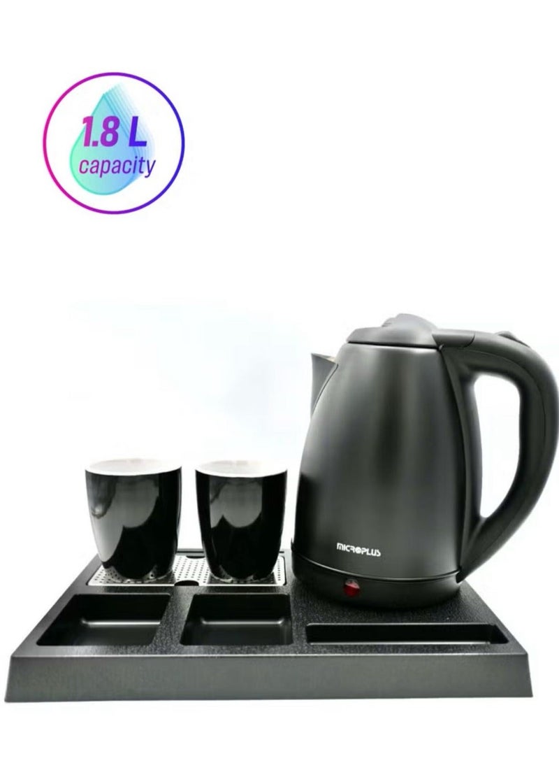 مايكروبلس غلاية كهربائية سعة 1.8 لتر، طقم فندقي، 1500 واط، مع كوبين سيراميك وصينية - Image 1