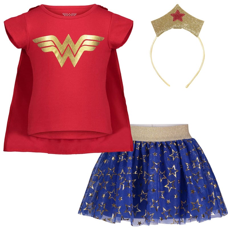 DC Comics DC Comics Justice League Wonder Woman Toddler Girls 4 Piece Costume Set TShirt Skirt Headband Cape Red 2T 