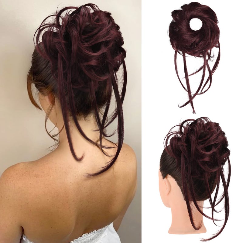 HOOJIH Messy Bun Hair Piece Super Long Tousled Updo Bun Extensions Wavy Wrap Ponytail Hairpieces Scrunchies with Elastic Hair Band for Women HB007 Grace  Wine Red