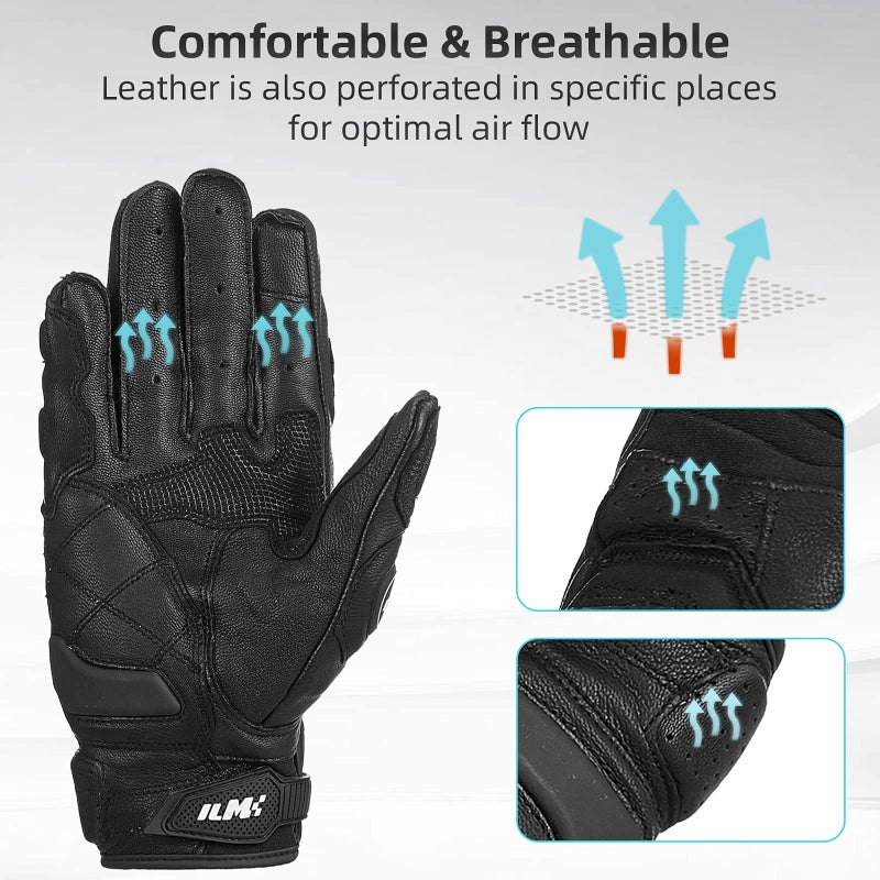 ILM Air Flow Leather Motorcycle Gloves Touchscreen for Men and Women Model-GRC01 (XXL, Black) - Image 4