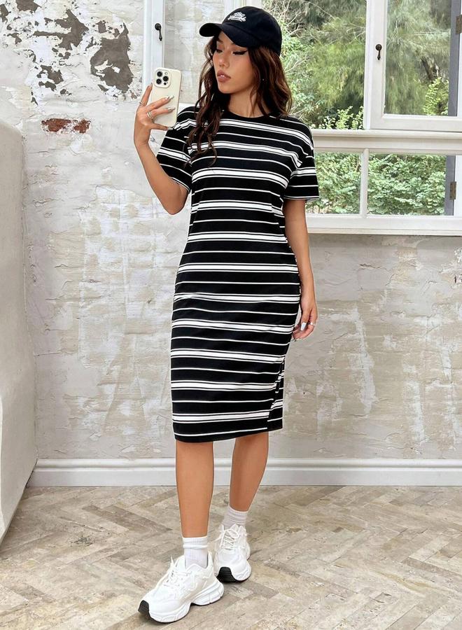 Take Two Black Striped Bodycon Midi Dress - Image 4
