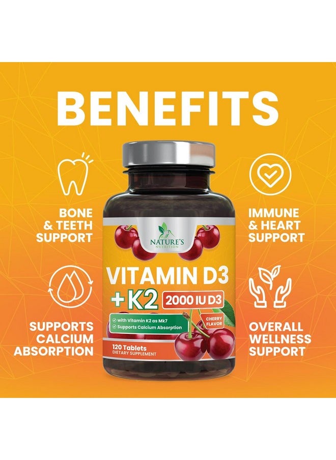 Nature's Nutrition - Vitamin D3 K2, Chewable Cherry D3 2000 iu Plus K2 (MK-7) 75 mcg - 2 in 1 Vitamins D & K Complex - Vitamin K2 MK7 + D3 Supplement Supports Immune & Heart Health, Calcium Absorption, Bones - 120 Tablets - Image 1
