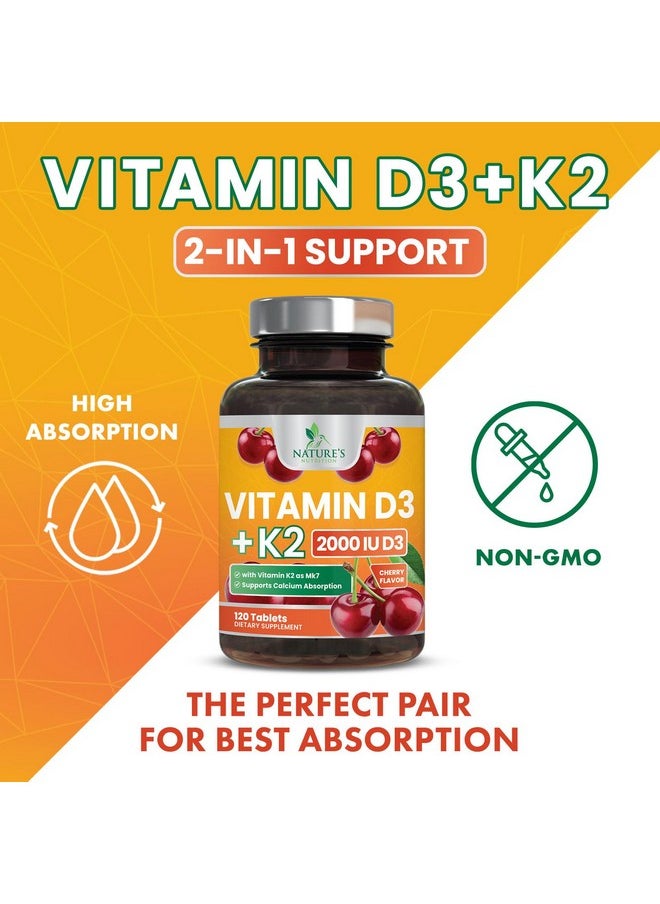 Nature's Nutrition - Vitamin D3 K2, Chewable Cherry D3 2000 iu Plus K2 (MK-7) 75 mcg - 2 in 1 Vitamins D & K Complex - Vitamin K2 MK7 + D3 Supplement Supports Immune & Heart Health, Calcium Absorption, Bones - 120 Tablets - Image 1
