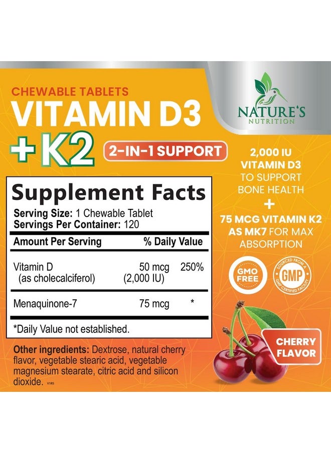 Nature's Nutrition - Vitamin D3 K2, Chewable Cherry D3 2000 iu Plus K2 (MK-7) 75 mcg - 2 in 1 Vitamins D & K Complex - Vitamin K2 MK7 + D3 Supplement Supports Immune & Heart Health, Calcium Absorption, Bones - 120 Tablets - Image 1