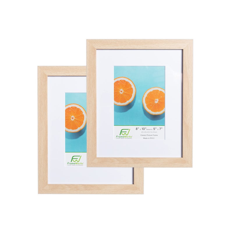 FrameWorks الأطر 2 عبوة 8x10 مئوية إلى 5x7 إطار الصورة البلوط الطبيعي - إطار الصور الكلاسيكي مع إطار صورة زجاجية مقسى مع إطار ملصق الحواف النظيفة مع إطار الشهادة الأبيض غير لامع - Image 1