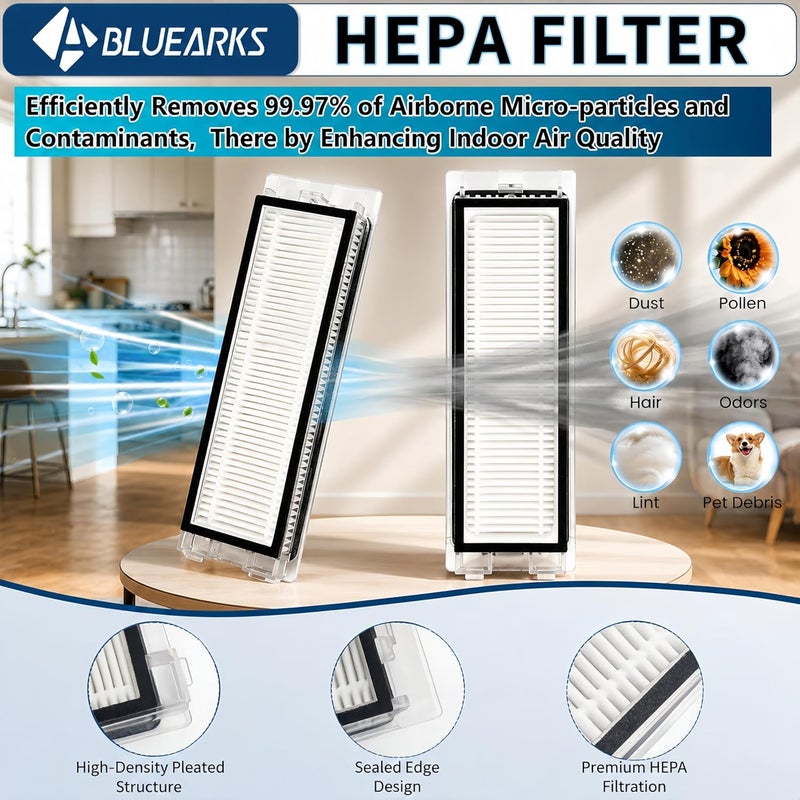 Bluearks 19 قطعة قطع غيار بديلة لروبوروك Q Revo [ليست لـ Qrevo S/Pro/Plus/MaxV] مجموعة ملحقات مكنسة روبوروك Q Revo، فرشاة رئيسية واحدة، 4 منصات مسح، 4 فرش جانبية، 4 مرشحات هيبا، 6 أكياس شفط - Image 4
