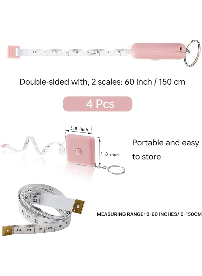 إيروريكس شريط قياس قابل للسحب 4 عبوات + مسطرة خياطة من القماش الناعم لقياس الجسم وفقدان الوزن والحياكة القماشية والحرف اليدوية 60 بوصة 1.5 متر شريط قياس مزدوج الجوانب بزر ضغط صغير - Image 2
