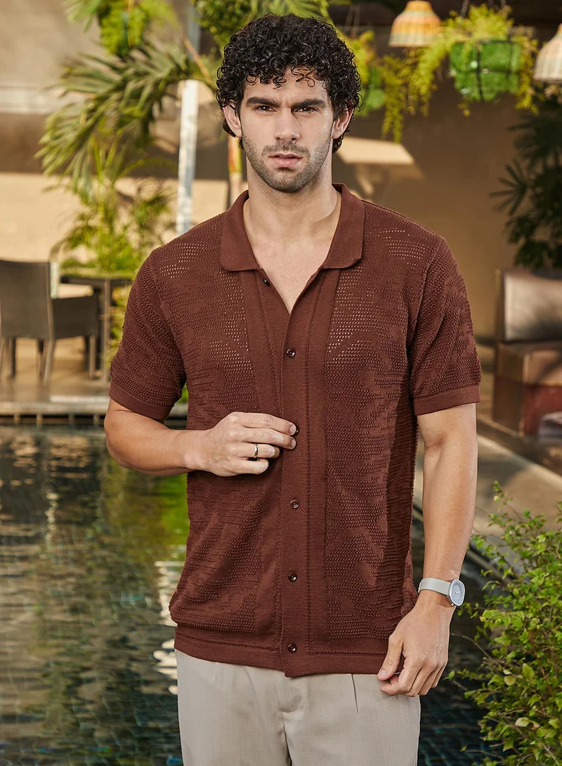 Campus Sutra Men's Russet Brown Fluid-Knit Polo Shirt For Casual Wear | Polo Neck | Short Cuffed Sleeves | Button Closure | Shirt Crafted With Comfort Fit For Everyday Wear