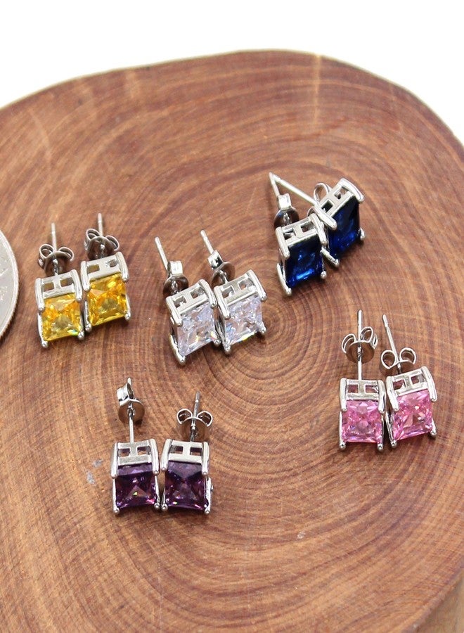 Tobestu 5 Pairs Platinum Plated Square Multicolored Zircon Stud Earrings Set Classic and Dainty Jewelry for Women of All Ages YA4373 - Image 4