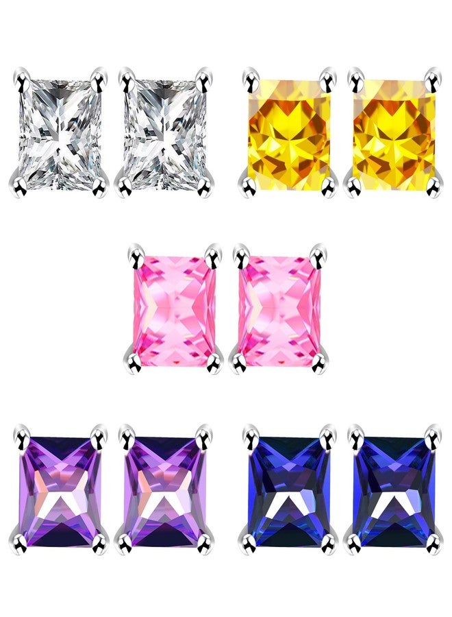 Tobestu 5 Pairs Platinum Plated Square Multicolored Zircon Stud Earrings Set Classic and Dainty Jewelry for Women of All Ages YA4373 - Image 1