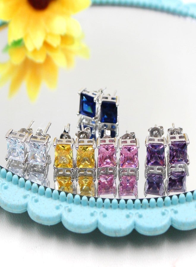 Tobestu 5 Pairs Platinum Plated Square Multicolored Zircon Stud Earrings Set Classic and Dainty Jewelry for Women of All Ages YA4373 - Image 5