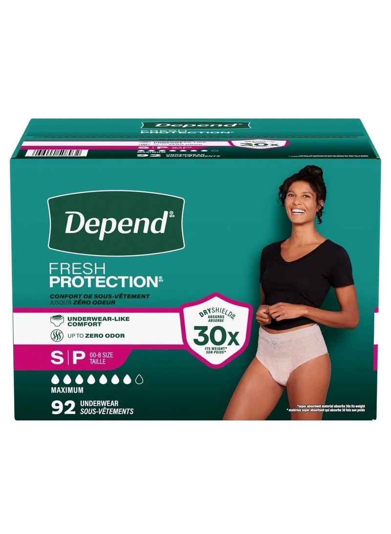 ملابس Depend Fresh Protection الداخلية للنساء للتحكم في سلس البول، أقصى درجات الامتصاص، راحة تضاهي الملابس الداخلية العادية، حماية من الروائح، واقية وتستخدم لمرة واحدة - مقاس صغير (Small) - 92 قطعة (مقاس 00-8) - Image 1