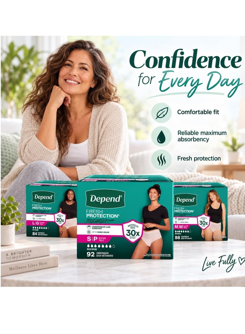 ملابس Depend Fresh Protection الداخلية للنساء للتحكم في سلس البول، أقصى درجات الامتصاص، راحة تضاهي الملابس الداخلية العادية، حماية من الروائح، واقية وتستخدم لمرة واحدة - مقاس صغير (Small) - 92 قطعة (مقاس 00-8) - Image 3