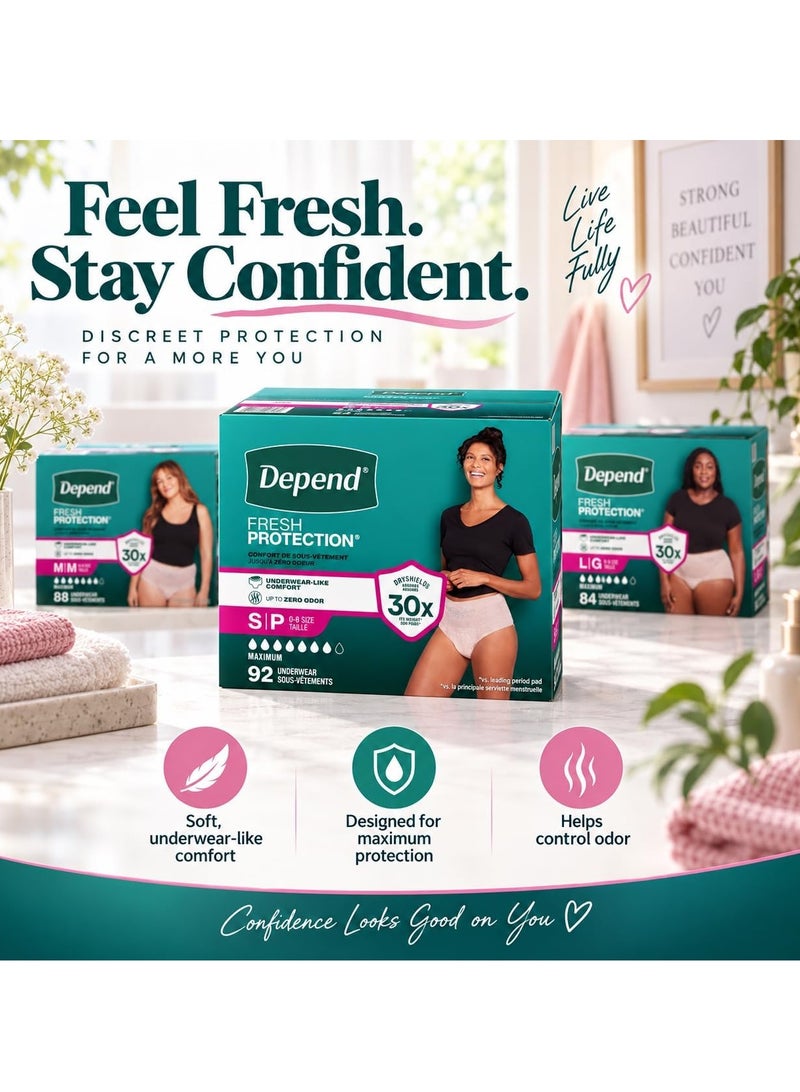 ملابس Depend Fresh Protection الداخلية للنساء للتحكم في سلس البول، أقصى درجات الامتصاص، راحة تضاهي الملابس الداخلية العادية، حماية من الروائح، واقية وتستخدم لمرة واحدة - مقاس صغير (Small) - 92 قطعة (مقاس 00-8) - Image 4