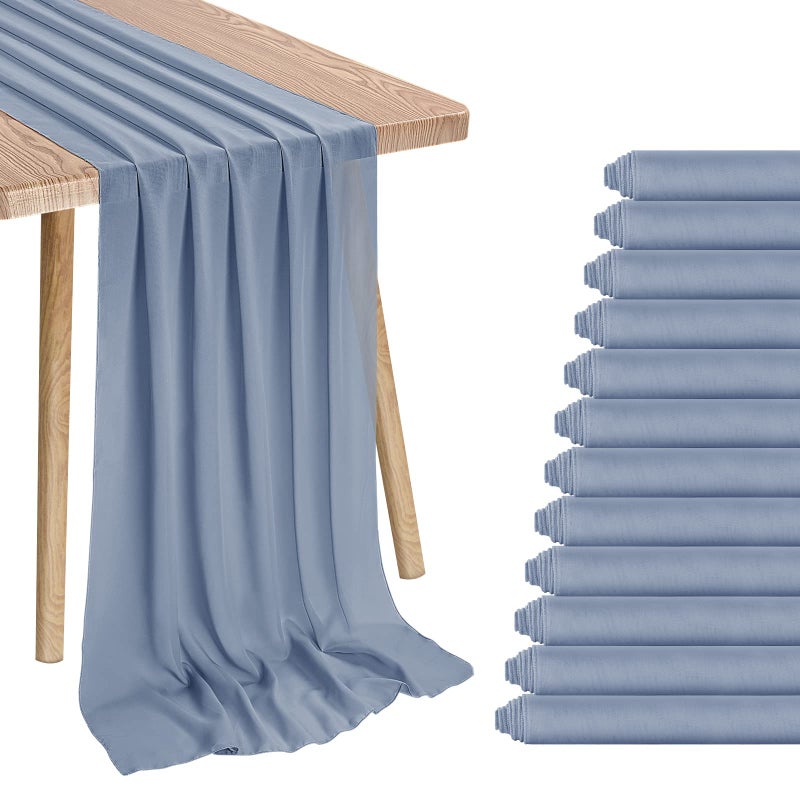 Showgeous 12 Pcs Chiffon Table Runner 10Ft Wedding Table Runner 28x120 Inches Dusty Blue Romantic Sheer Gauze Table Runners for Wedding Bridal Shower Baby Shower Birthday Party Cake Table Decor 