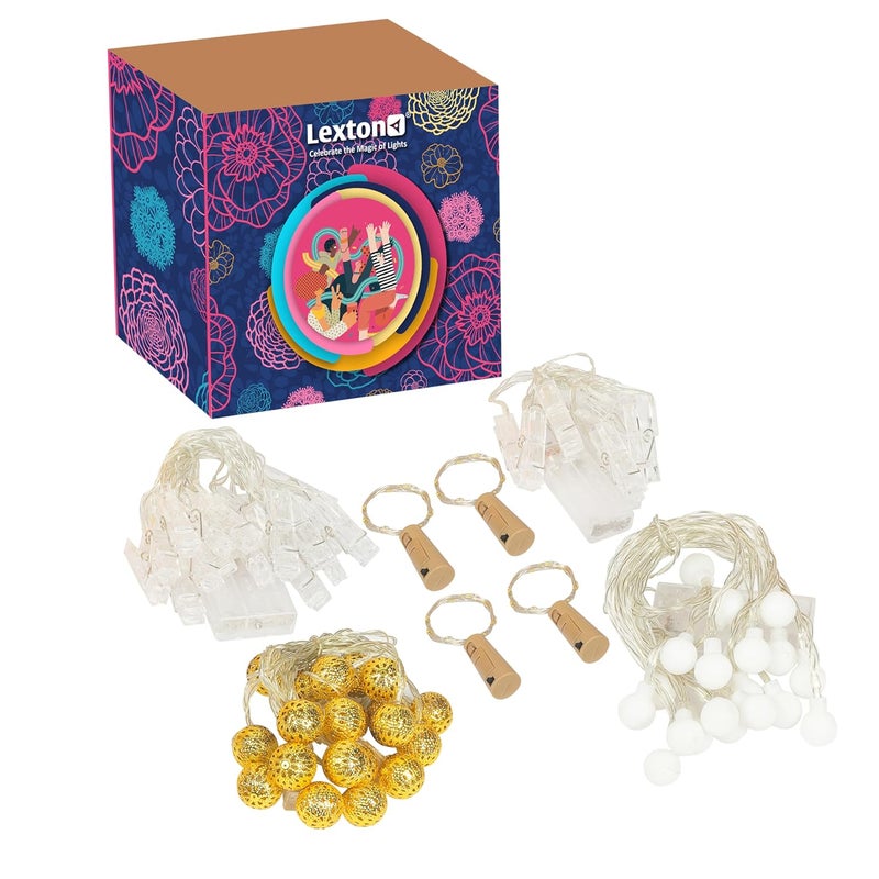 Lexton Lights Combo of White Bulb Light Golden Ball Light PhotoClip 10 Clips Light Battery Powered Photoclip Light 20 Clips 4 Cork Light for Festivals Decoration Diwali Christmas Warm White - Image 1