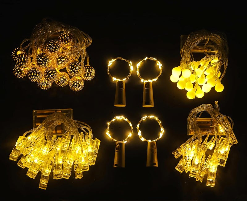 Lexton Lights Combo of White Bulb Light Golden Ball Light PhotoClip 10 Clips Light Battery Powered Photoclip Light 20 Clips 4 Cork Light for Festivals Decoration Diwali Christmas Warm White - Image 2