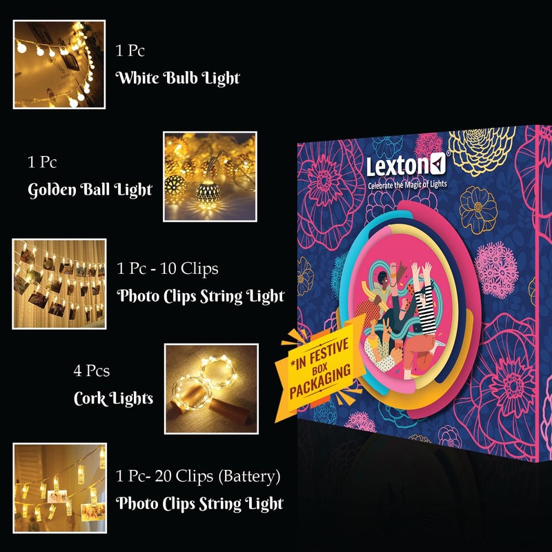 Lexton Lights Combo of White Bulb Light Golden Ball Light PhotoClip 10 Clips Light Battery Powered Photoclip Light 20 Clips 4 Cork Light for Festivals Decoration Diwali Christmas Warm White - Image 3