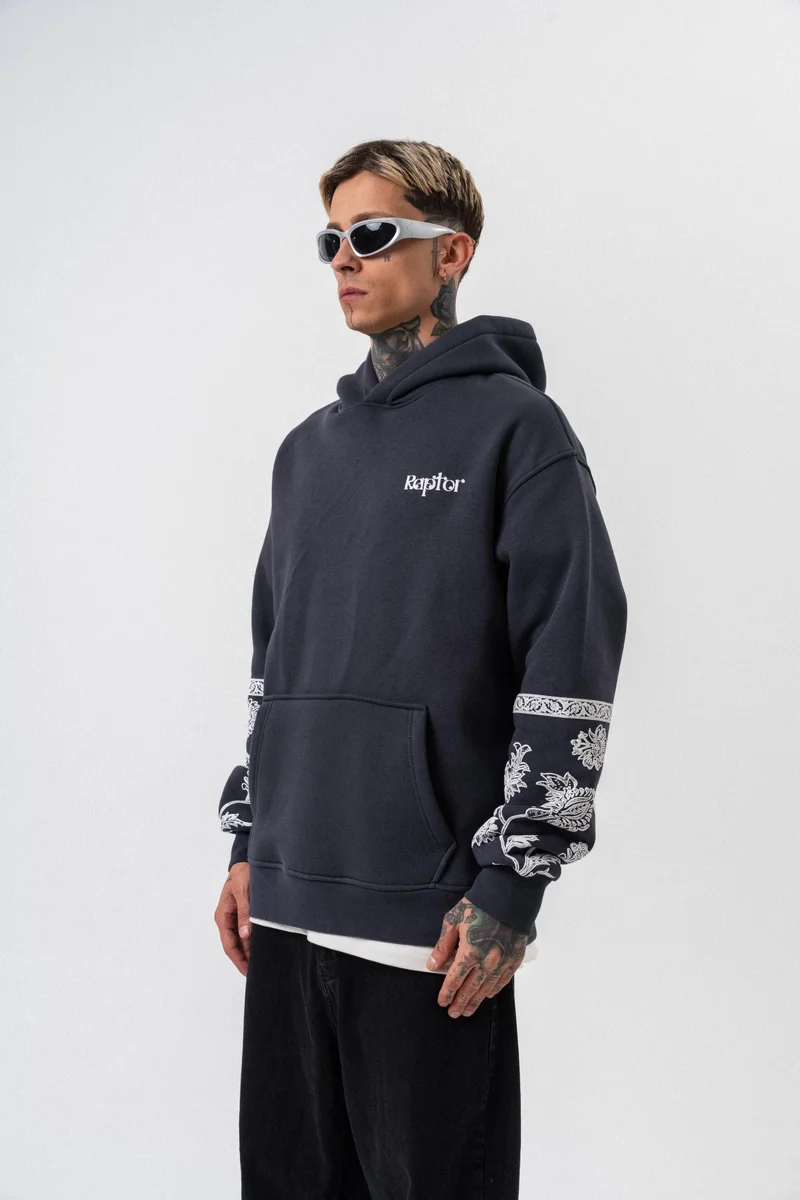 ريسباير هودي رجالي واسع بطبعة رابتور رمادي مدخن
