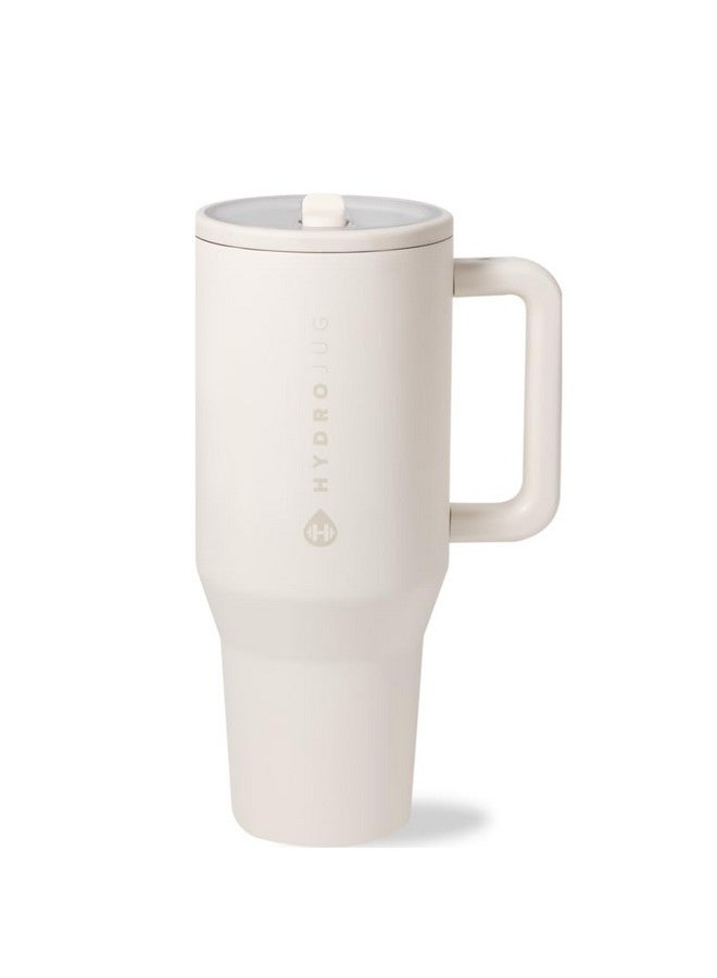 HydroJug هيدروجوج ترافيلر - زجاجة ماء سعة 32 أونصة مع مقبض وقشة قابلة للطي - تناسب حوامل الأكواب، كوب مقاوم للتسرب - قابلة لإعادة الاستخدام من الفولاذ المقاوم للصدأ وقاعدة مطاطية - هدايا للنساء والرجال، كريمي - Image 1