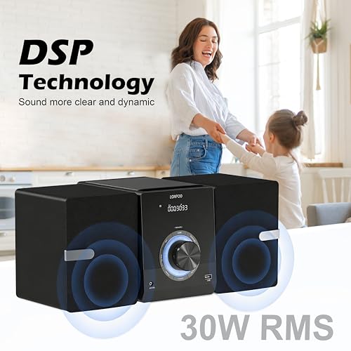 LONPOO Compact Stereo System Speakers with CD Player, Bluetooth, FM Radio, Aux-in, USB-in, Earphone Jack, DSP-Tech, Remote, 30W Crisp-Sound Shelf Stereo System for Home (LP-886) - Image 3