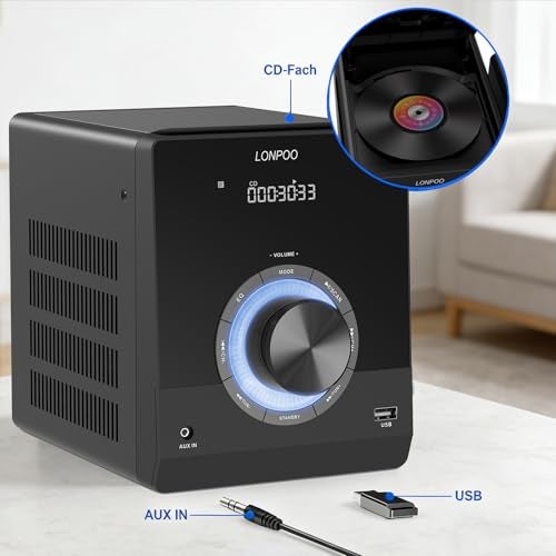 LONPOO Compact Stereo System Speakers with CD Player, Bluetooth, FM Radio, Aux-in, USB-in, Earphone Jack, DSP-Tech, Remote, 30W Crisp-Sound Shelf Stereo System for Home (LP-886) - Image 5