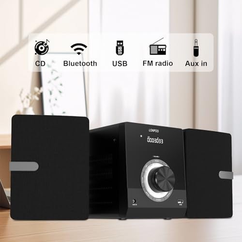 LONPOO Compact Stereo System Speakers with CD Player, Bluetooth, FM Radio, Aux-in, USB-in, Earphone Jack, DSP-Tech, Remote, 30W Crisp-Sound Shelf Stereo System for Home (LP-886) - Image 2
