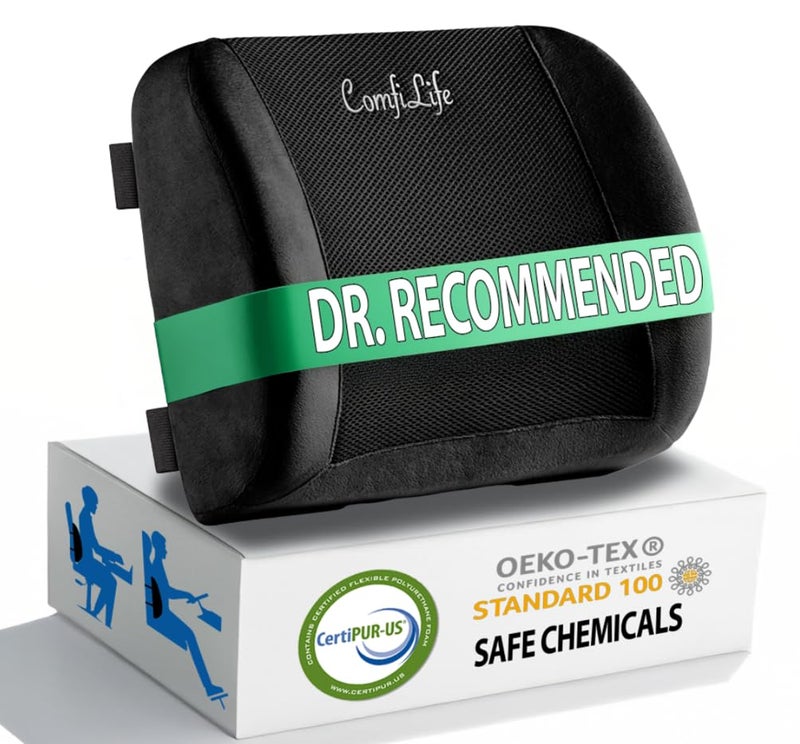 ComfiLife Lumbar Support Back Pillow Office Chair and Car Seat Cushion - Memory Foam with Adjustable Strap and Breathable 3D Mesh (Black) - Image 1