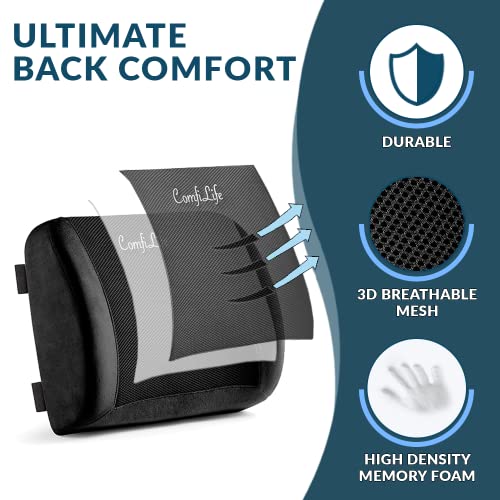ComfiLife Lumbar Support Back Pillow Office Chair and Car Seat Cushion - Memory Foam with Adjustable Strap and Breathable 3D Mesh (Black) - Image 2