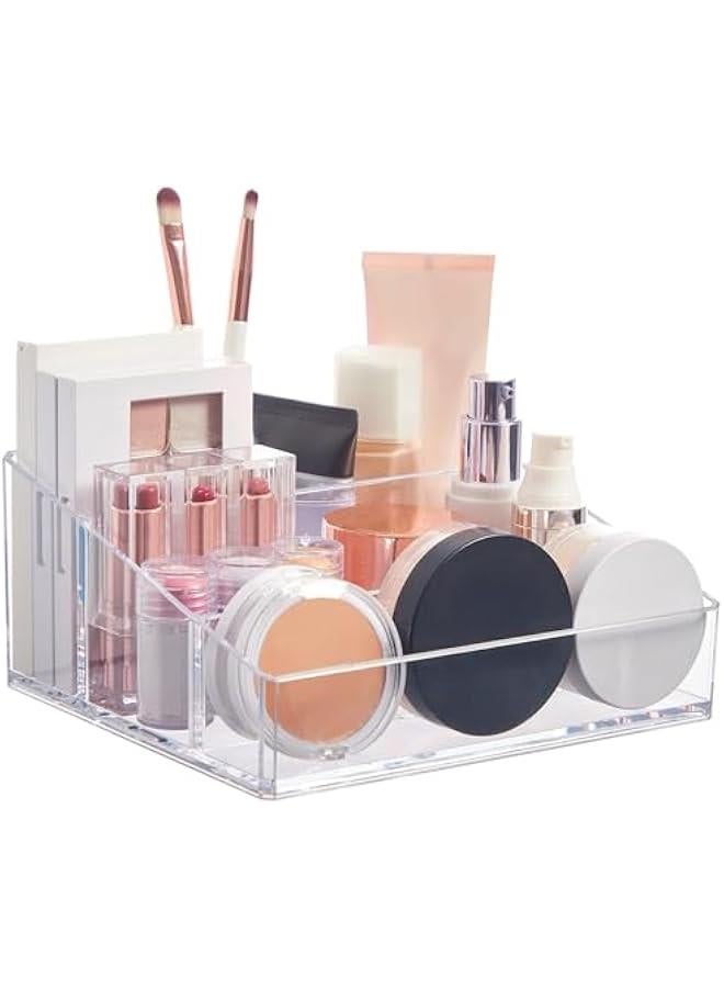 Arabest Clear Plastic Vanity Makeup Organizer | Compact Rectangular 4-Compartment Holder for Brushes, Eyeshadow Palettes, & Beauty Supplies | Made in USA  - Image 1
