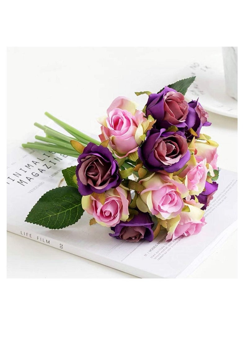 Captaintech Artificial Roses Flowers, 12 Heads Arrangement Silk Bouquet, for Home Office Parties Bridal and Party Wedding Decoration, Gift for Friend, Family and Lovers(Purple) - Image 1