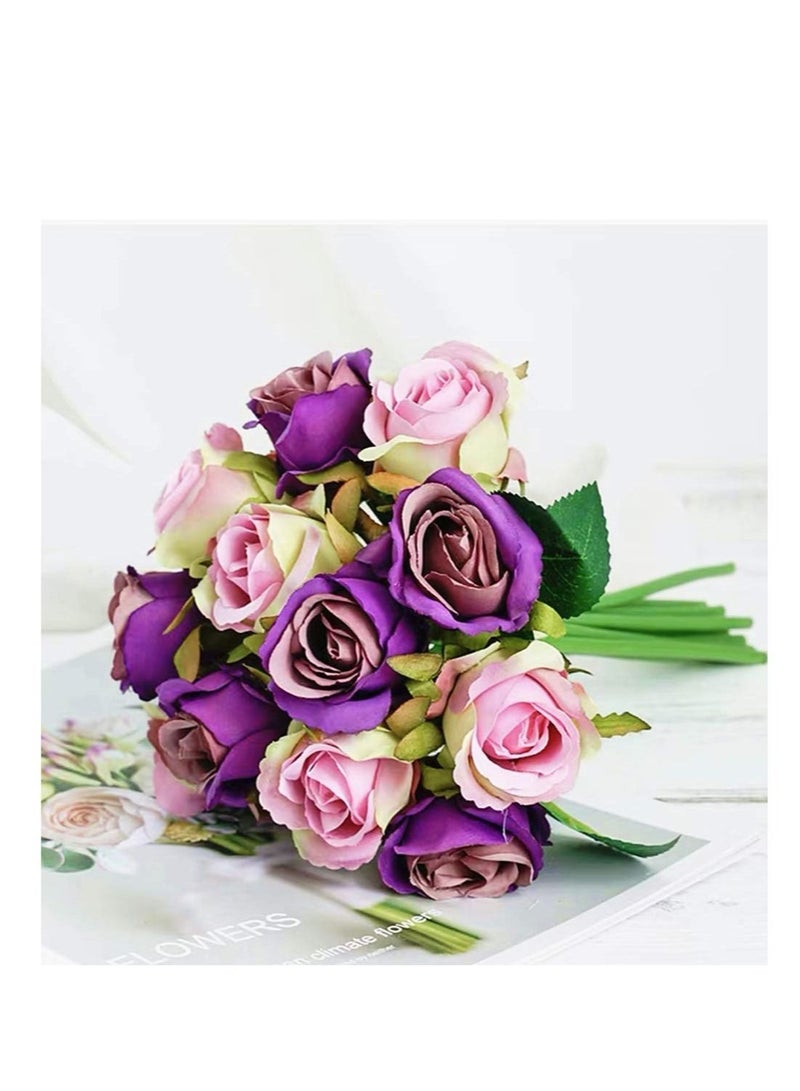 Captaintech Artificial Roses Flowers, 12 Heads Arrangement Silk Bouquet, for Home Office Parties Bridal and Party Wedding Decoration, Gift for Friend, Family and Lovers(Purple) - Image 2