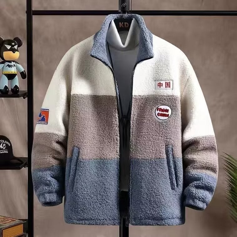 Mens Winter Fleece Jacket Casual Thickened Lamb Wool Coat Blue - Image 1