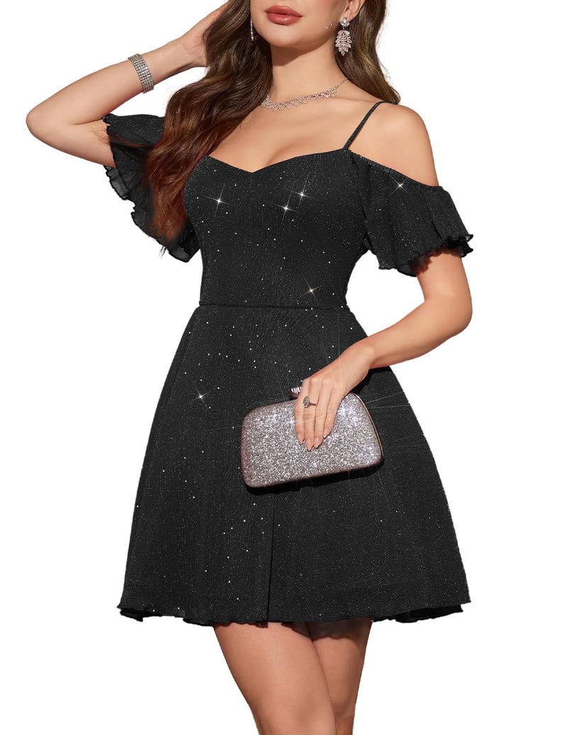 Meetjen Women's Homecoming Dress 2025 Sparkly Short Formal Prom Dresses for Teens Bridesmaid Summer Spaghetti Straps Elegant Black M - Image 1