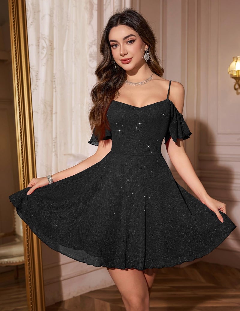 Meetjen Women's Homecoming Dress 2025 Sparkly Short Formal Prom Dresses for Teens Bridesmaid Summer Spaghetti Straps Elegant Black M - Image 2