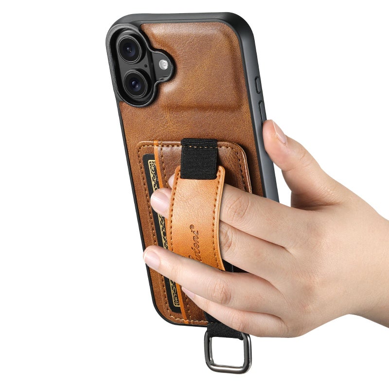 Suteni For Iphone 17 H13 Card Wallet Wrist Strap Holder Pu Phone Case(Brown) - Image 3